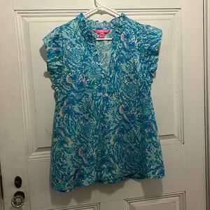 Lilly Pulitzer Karlie Ruffle top in Seaside Blue Coral of the Story EUC
